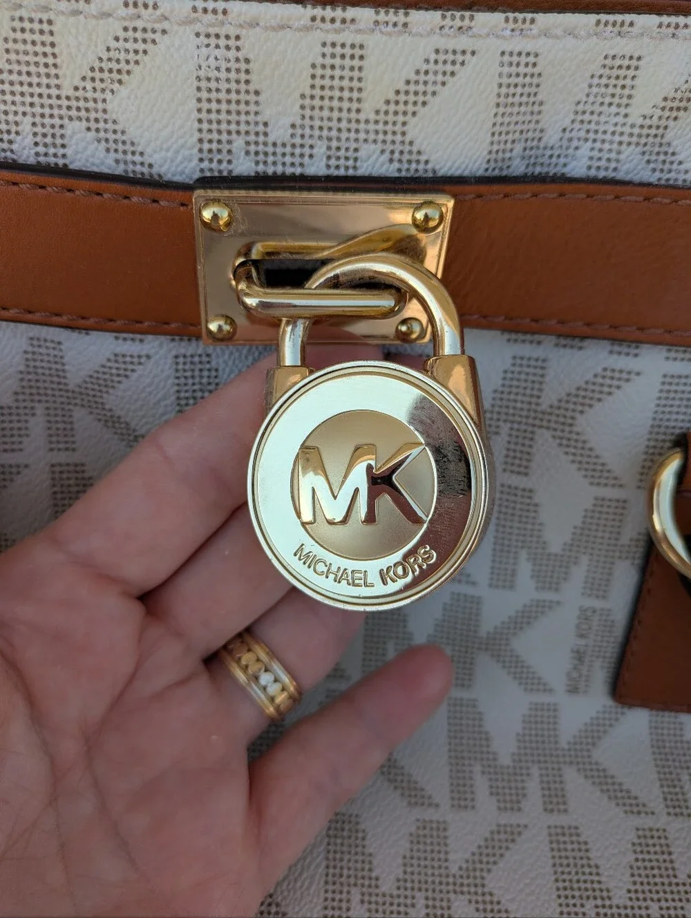 Michael Kors Hamilton Monogram Satchel - White/Tan - Super Clean